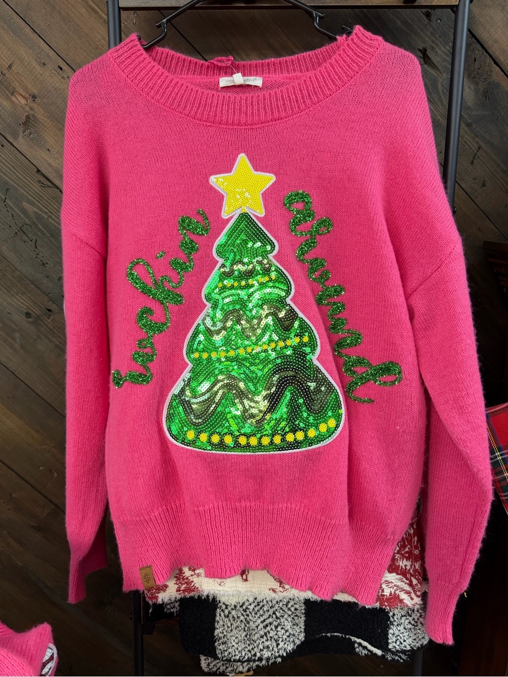 Simply Southern Pink Crewneck Sweater with Green Sequin Christmas Tree
